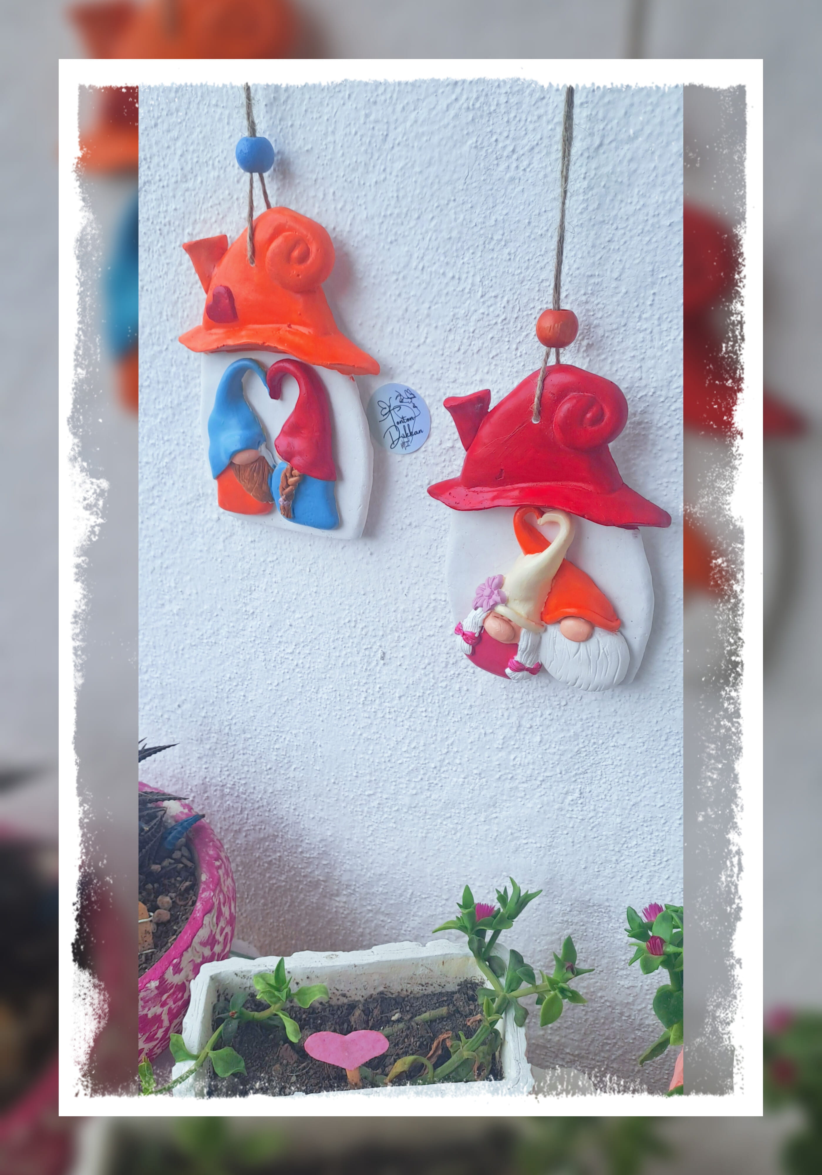  El Yapımı Kalp Detaylı Aşık Gnomelar Dekoratif Duvar Süsü 2'li