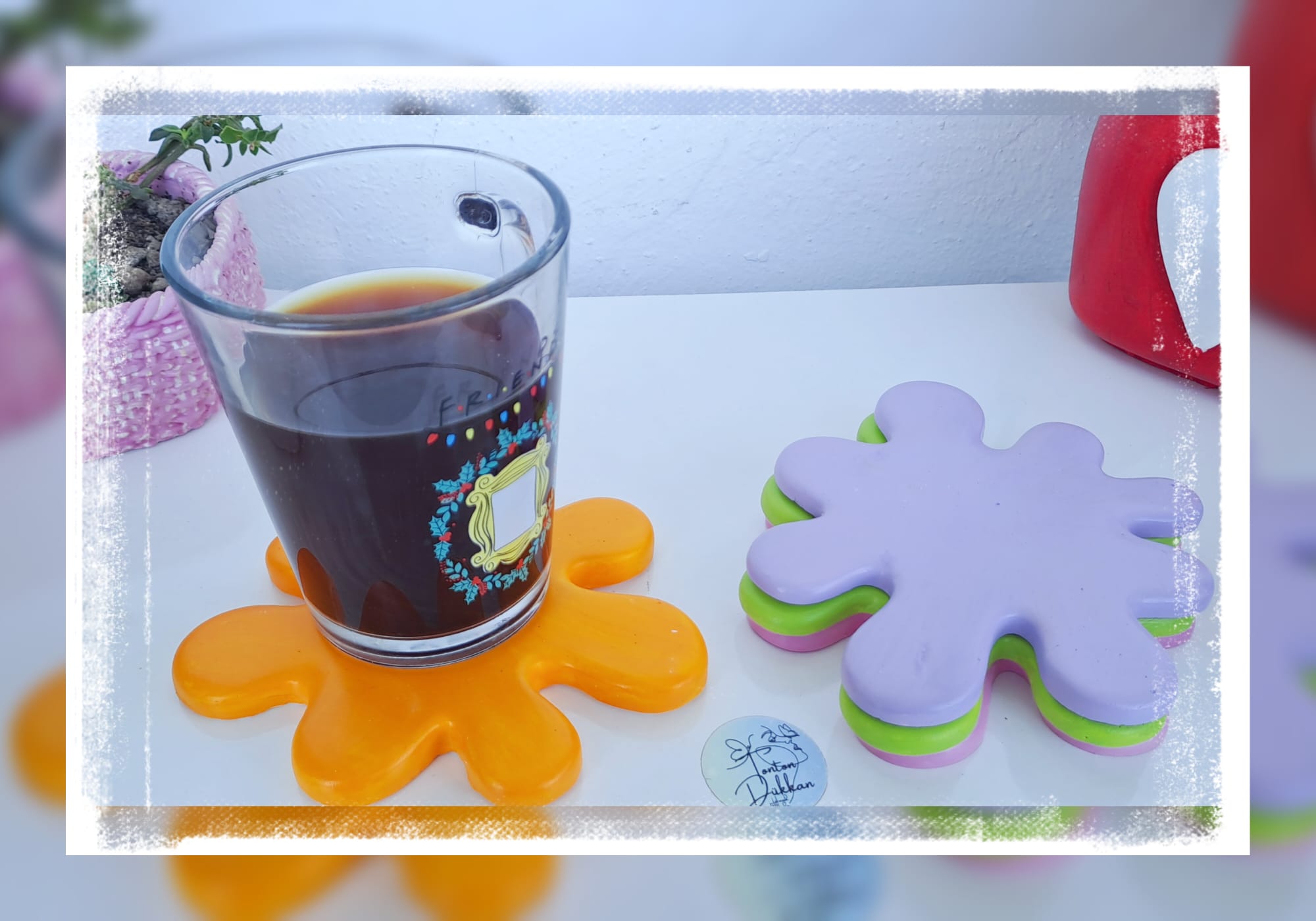 Eğlenceli Splash Desenli El Yapımı Bardak Altlığı 4'lü
